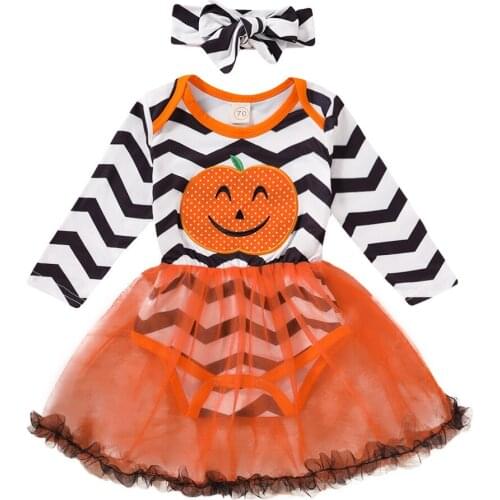 Newborn Baby Girls Clothes Halloween Costume Long Sleeve Pumpkin Striped Romper Dress+Hairband Set 6 9 12 18 Months ropa bebe