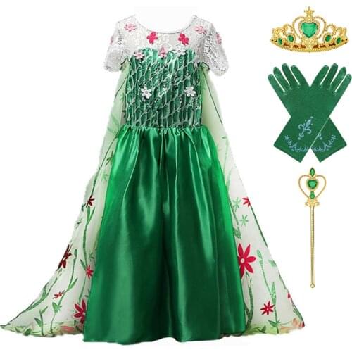 Fever Elsa Birthday Party Dress Role Play Costume for Girls Green Elsa Floral Frocks Ankle Length Child Fancy Princess Long Gown