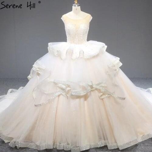 Dubai Champagne Sleeveless Sexy Wedding Dresses 2020 O-Neck Tassel Beading Glitte Bridal Gowns HA2396 Custom Made