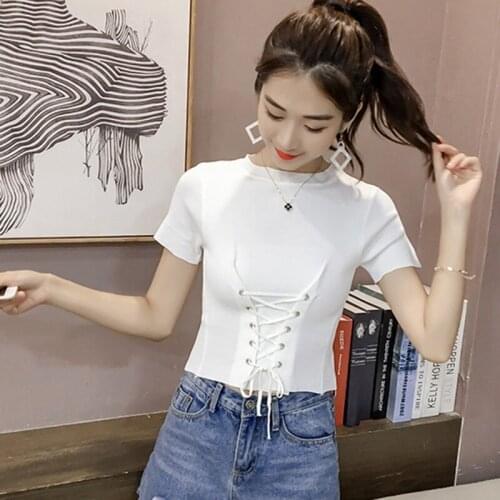 DAXIN Summer Knitted Shirt Lace Up Crop Top Female T-shirt Women O Neck Short Sleeve T Shirt