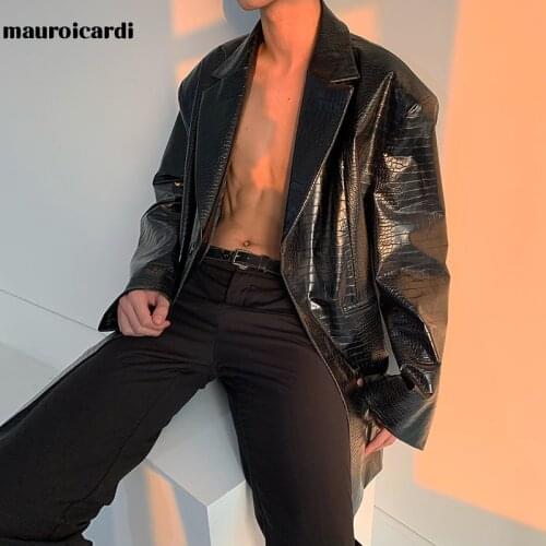 Mauroicardi Spring black reflective crocodile print faux leather jackets for men High quality fashion leather jacket men blazer