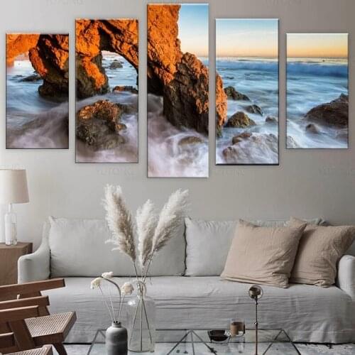 Seascape Canvas Prints Wall Art Sunset Ocean Beach Pictures Paintings for Living Room Bedroom Home Decorations Red Rock 5 Piece