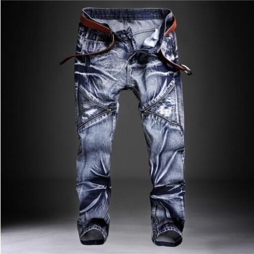 New Dark Blue Jeans Zipper Decoration Design Straight Non-stretch Denim Trousers Mid-waist Hole Beggar Pants