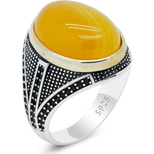 Solid 925 Sterling Silver Ring for Men Agate Stone Ring Turkish Handmade Agate Silver Luxury Vintage Mens Ring Fine Jewelry