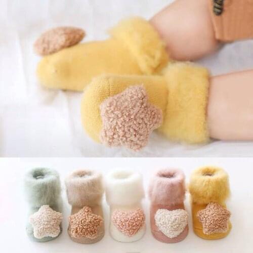 0-12months Infant Cute Baby Autumn And Winter Cotton Star Socks With Plush Thickened Thermal Floor Non-Slip Anti Slip Socks
