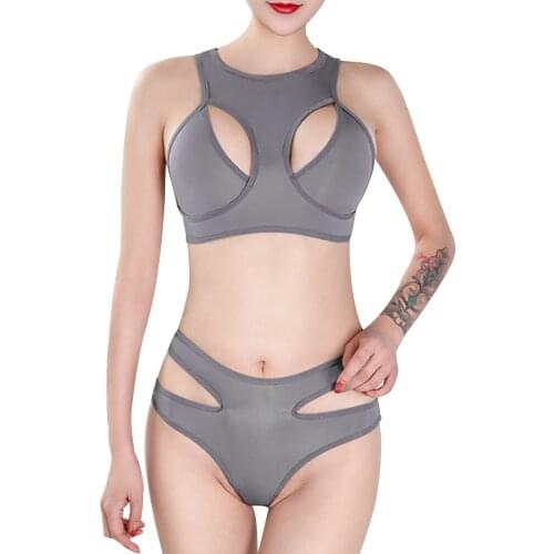 Sexy Womens Hollow Out Lingerie Set Two-piece Solid Color Sexy Nightwear Underwear Racer Back Vest Top with Briefs Panties