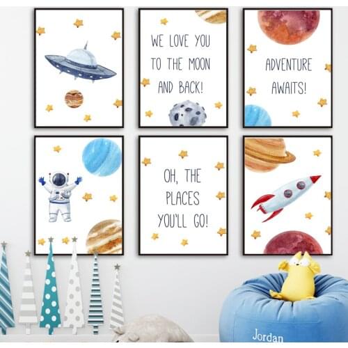 Planet Astronaut Rocket motivational Quote Wall Art Canvas Painting Nordic Posters And Prints Wall Pictures Kids Room Home Decor