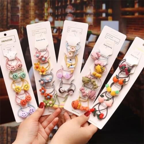 New Korean Cute Childrens Fashion Hair Jewelry Kawaii Flower Frog Avocado Elastic Hair Rope Set Kids Girl Hair Rings Headdress