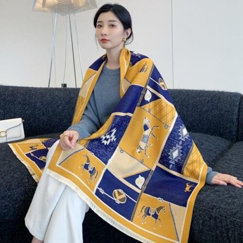 Horse Print Warm Winter Cashmere Scarf Pashmina Luxury Thick Blanket Women Scarves Ladies Shawls Wraps Bufanda Hijab Echarpe