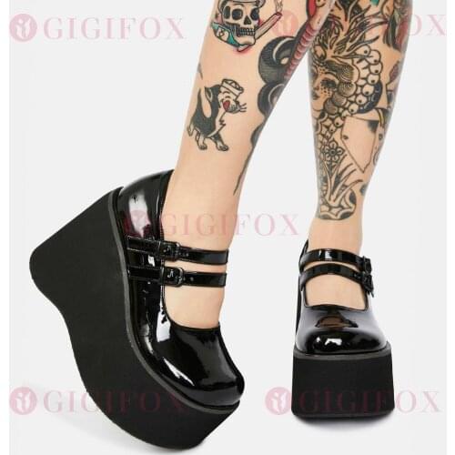Brand New Patent Sweet Lolita Style Gothic Cosplay Black Wedges High Heels Mary Janes Pumps Platform Shoes Woman Big Size 43