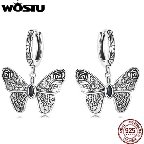 WOSTU 925 Sterling Silver Halloween Vintage Butterfly Cobweb Spider Web Drop Earrings For Women Party Earrings Jewelry CTE534