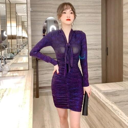 New arrival fashion spring mini party dress women OL professional temperament chiffon perspective bow shiny slim pencil dress