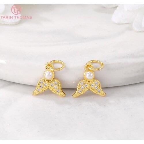 4PCS 9x12MM Hole 3MM 24K Gold Color Plated Brass with Zircon Wings Charms Pendant Connector High Quality Jewelry Accessories