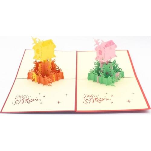 2 Colors 3D Laser Cut Handmade House and Bird Paper Invitation Greeting Cards with Envelope Festival Blessing Kids Creative Gift