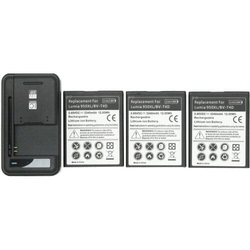 3x 3340mAh BV-T4D / BVT4D Replacement Battery + Universal Wall Charger For Microsoft Nokia Lumia 950 XL 940 XL RM-1118 RM-1116