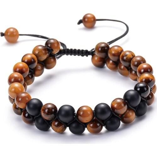 5 pcs/lot natura 8 mm round stone tiger-eye onyx beads double row charm weave nylon rope handmade adjustable bracelet man woman
