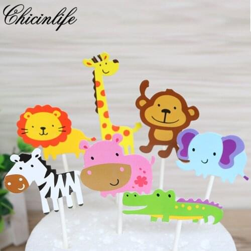 Chicinlife 7Pcs Jungle Animal Zoo 1St First Birthday Cake Cupcake Toppers Baby Kids Party Baby Shower Decoration supplies