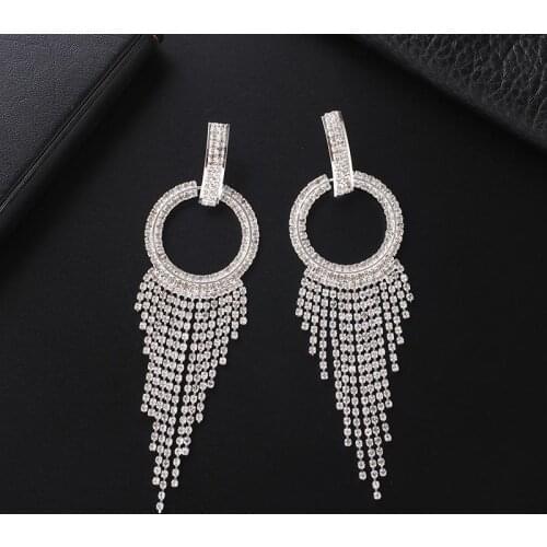 Long Tassel circel Drop Earrings for Women Bijoux Shiny Full Rhinestone Crystal Dangle Earring Statement Jewelry E713