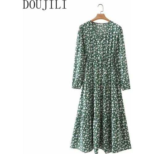 DOUJILI Pretty White Flower Printing Dress 2021 Autumn Fashion Women Long Sleeve Green Dress For Office Ladies