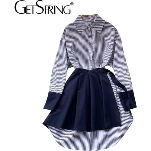 Getspring Women Dress Long Sleeve Striped Shirt Dresses Patchwork Casual Loose Long Girls Summer Dresses Plus Size 2021 Fashion