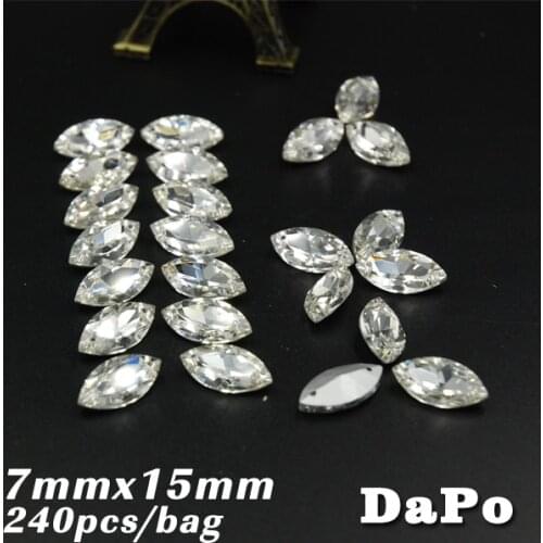Hot 2 holes Clear Crystal Beads Sewing On Horse Eye Glass Point back Rhinestones 7mm*15mm 240pcs/bag