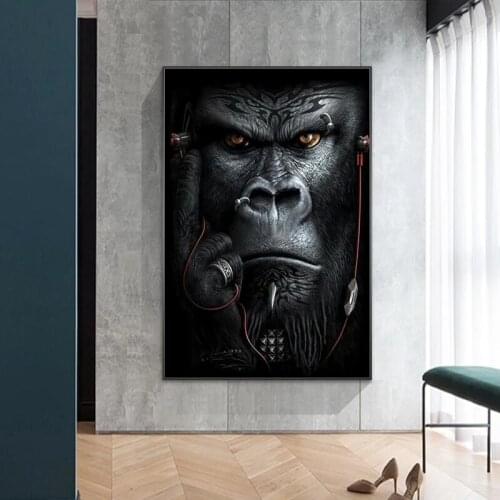 Canvas Painting Apes and Monkeys Listening To Music Wall Art Posters and Prints Abstract Animals Nordic Picture for Living Room
