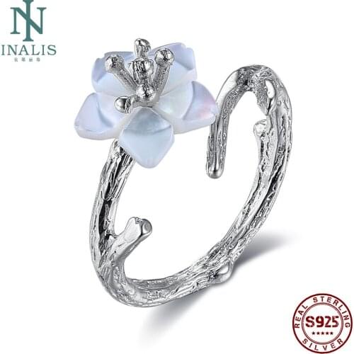 INALIS 925 Sterling Silver Ring For Women White Cherry Blossom Shell Pearl Flower Branch Rings Elegant Female Party Fine Jewelry