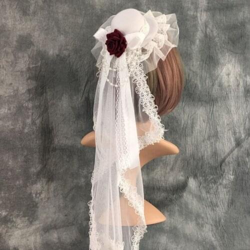 Lolita Headpiece Mini Lace Top Hat with Veil Rose Ribbon Bow Fascinators Hairpin