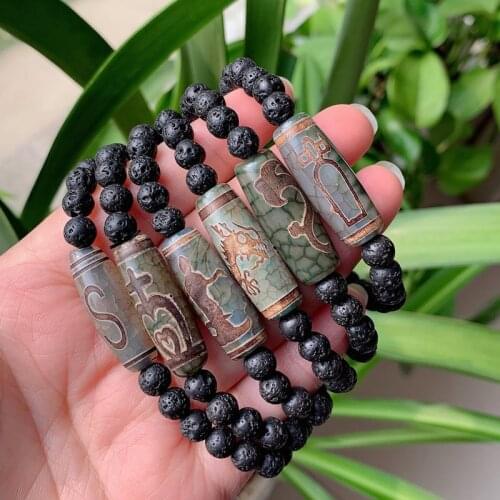 Healing Jewelry Natural Tibetan Dzi Agates Stone Bracelet Ruyi Guanyin Dragon Nine Eye Black Lava Dzi Bracelet for Women Men