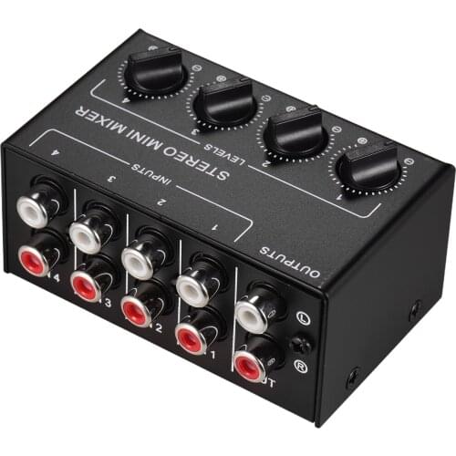 Mini Stereo Audio Mixer with 4-Channel RCA Inputs Separate Volume Controls Full Metal Shell