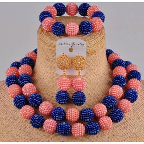 In fashion royal blue and peach nigerian wedding african beads costume jewelry set