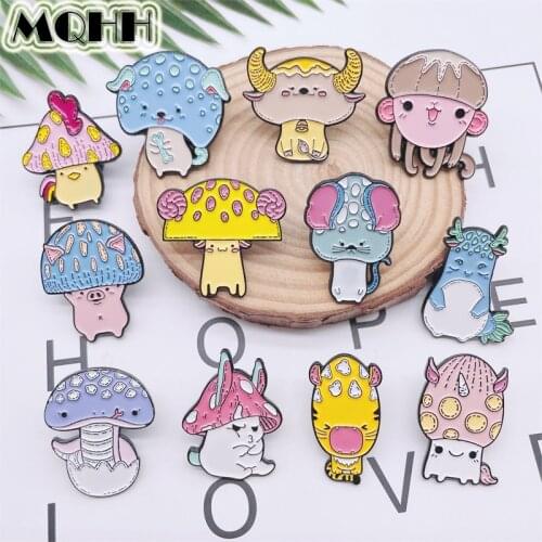 Cartoon Cute Animal Mushroom Enamel Pins Tiger Pig Chicken Snake Sheep Dog Rat Alloy Brooch Badge Sweet Woman Jewelry Gift