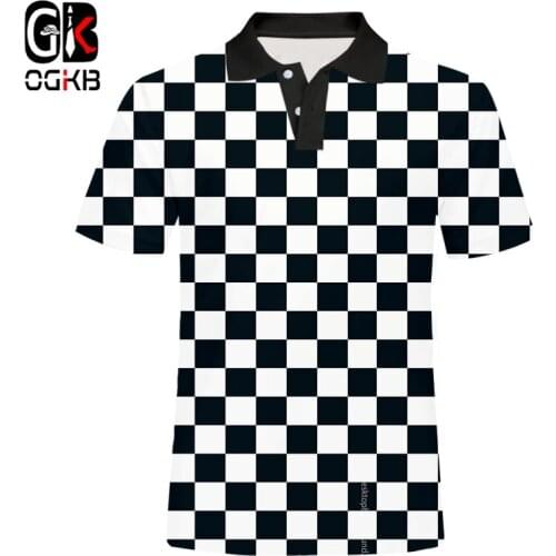 OGKB Men EU Size Black White Grid 3D Full Body Print Polo Shirts Short Sleeve Polos Men Summer DIY Casual Streetwear Oversized