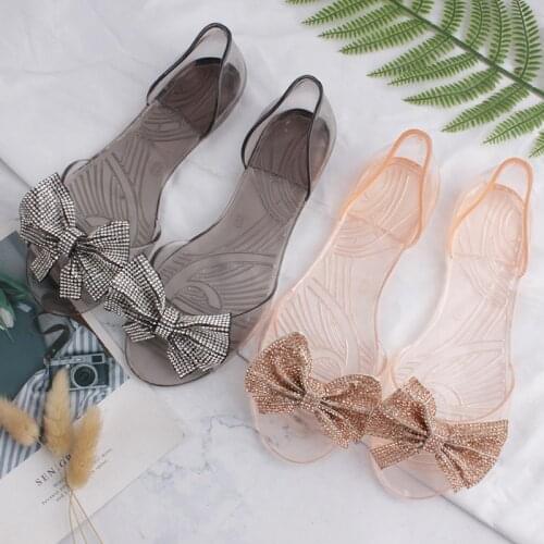 New Arrival Womens Shoes for 2021 Summer Transparent PVC Bowknot Females Flat Shoes Soft Soled Breathable Lady Peep-Toe Shoes