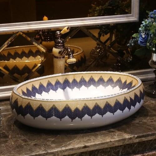 New design oval Europe style handmade porcelain china Art sinks Counter Top ceramic wash basin bathroom sink