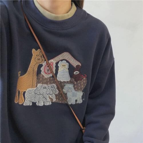 Autumn women sweatshirt Korean style retro cartoon embroidery stitching double-layer collar plus velvet round neck clothes
