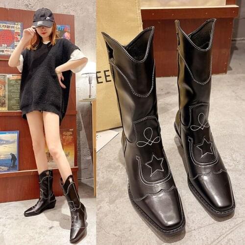 Vintage Womens High Boots For Female Girls Square Toe Rain Boots Handmade Leather High Cowboy RainBoots Fashion Casual Shoes