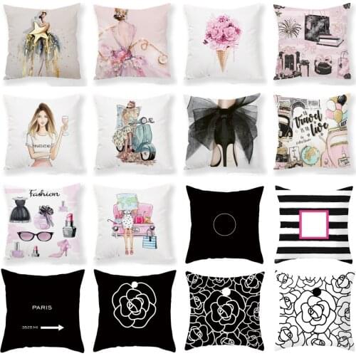 Brand New Perfume Bottles Series Pink Girls Cartoon Pillowcase Simple Black and White Cushion Case Sofa Couch Pillow Cover Decor