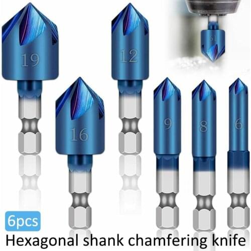 6PCS 6-19mm Hex Shank Countersink Drill Bit 1/4" 5 Flute Hole Drill 90 Degrees Wood Chamfering Cutter Blue Coated Chamfer Tool