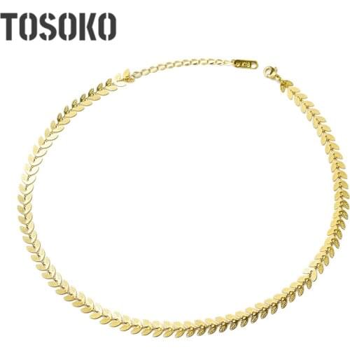 TOSOKO Stainless Steel Jewelry Wheat Leaf Phoenix Tail Necklace Womens Fashion Elegant Pearl Earring Set BSP362-BSF291