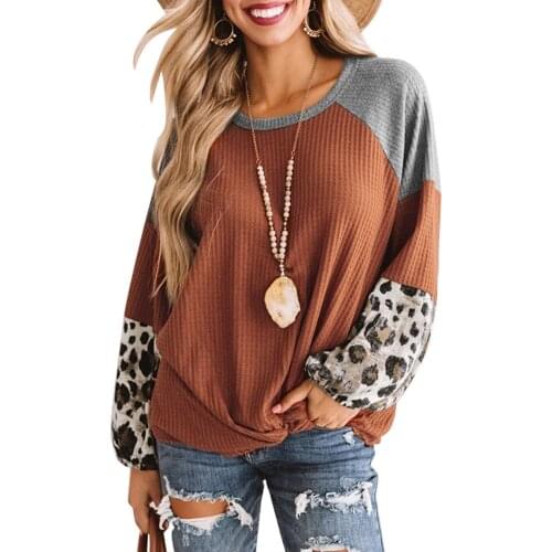 Womens Casual Long Sleeve Knitted Shirt Fashion Leopard Stitching Round Neck Pullover Tops