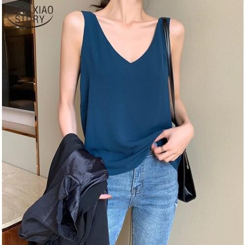 Korean Fashion Clothing White Shirts Woman Womens Tops and Blouses Chiffon Vest Summer Sleeveless V-Neck Plus Size 9821