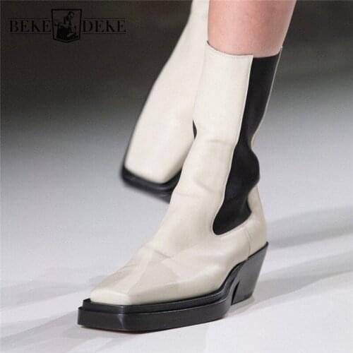 New Designer Shoes Chunky Heel Square Toe Chelsea Boots Women Casual Elastic Band Genuine Leather Boots Large Size Fashion Shoes