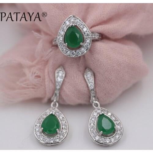 PATAYA New Arrivals Women True White Gold Wedding Jewelry Set Water Drop Green Natural Zirconia Earrings Ring Sets Multicolor