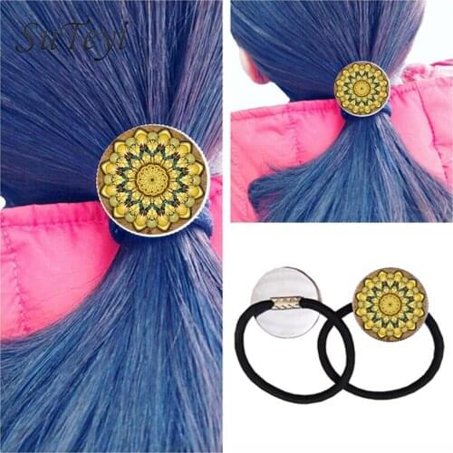 SUTEYI Fashion Flower Charms Vintage Headbands Stretchy Black Hair Rope Women Wedding Hair Jewelry Lotus Mandala Flower jewelry
