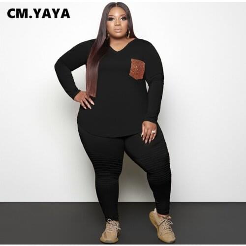 CM.YAYA Plus Size XL-5XL Two 2Piece Set Women Active Tracksuit Outfits Long Sleeve Patchwok Pocket Tee + Stacked Flare Pants Set