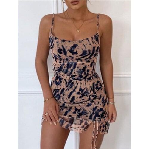 Women O-neck Spaghetti Strap Animal Print Ruched Cami Dress Bodycon Sexy Party Dress
