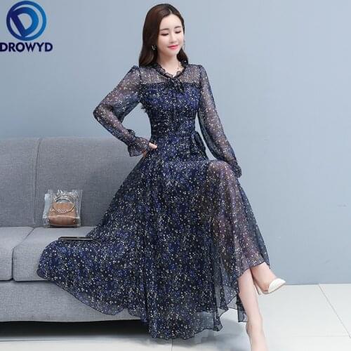 Plus Size M-3XL 2021 Spring Autumn Party Vestidos New Elegant V Collar Ruffles Solid Color Long Sleeve Women Chiffon Long Dress