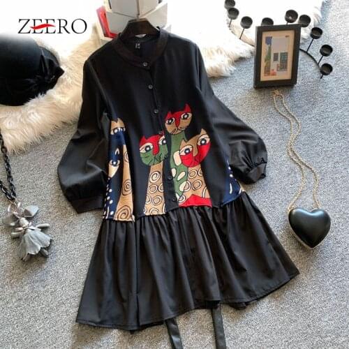 Spring Autumn Women Black Lantern Long Sleeve Cartoon Print Ruffles Dress Streetwear Female Vintage Plus Size Midi Dresses 4XL