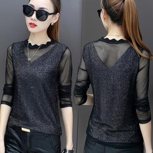 2020 Aesthetic Clothes Tshirt Korean Fashion Summer Long Sleeve 0-neck Women T-shirt Black Top Lace Gauze Splice Bluzka Damska